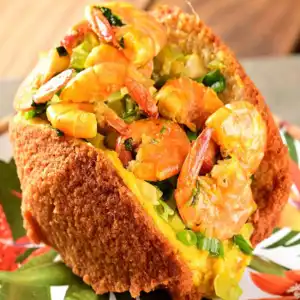 Acaraje black-eyed pea fritters with shrimp filling