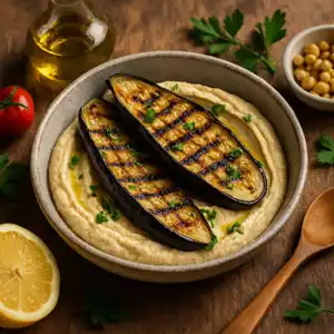 Aubergine & hummus grills